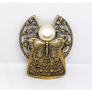 Vtg Jane Davis Angel Of Love Faux Pearl Butterfly Cut Out Gold Tone Brooch Pin